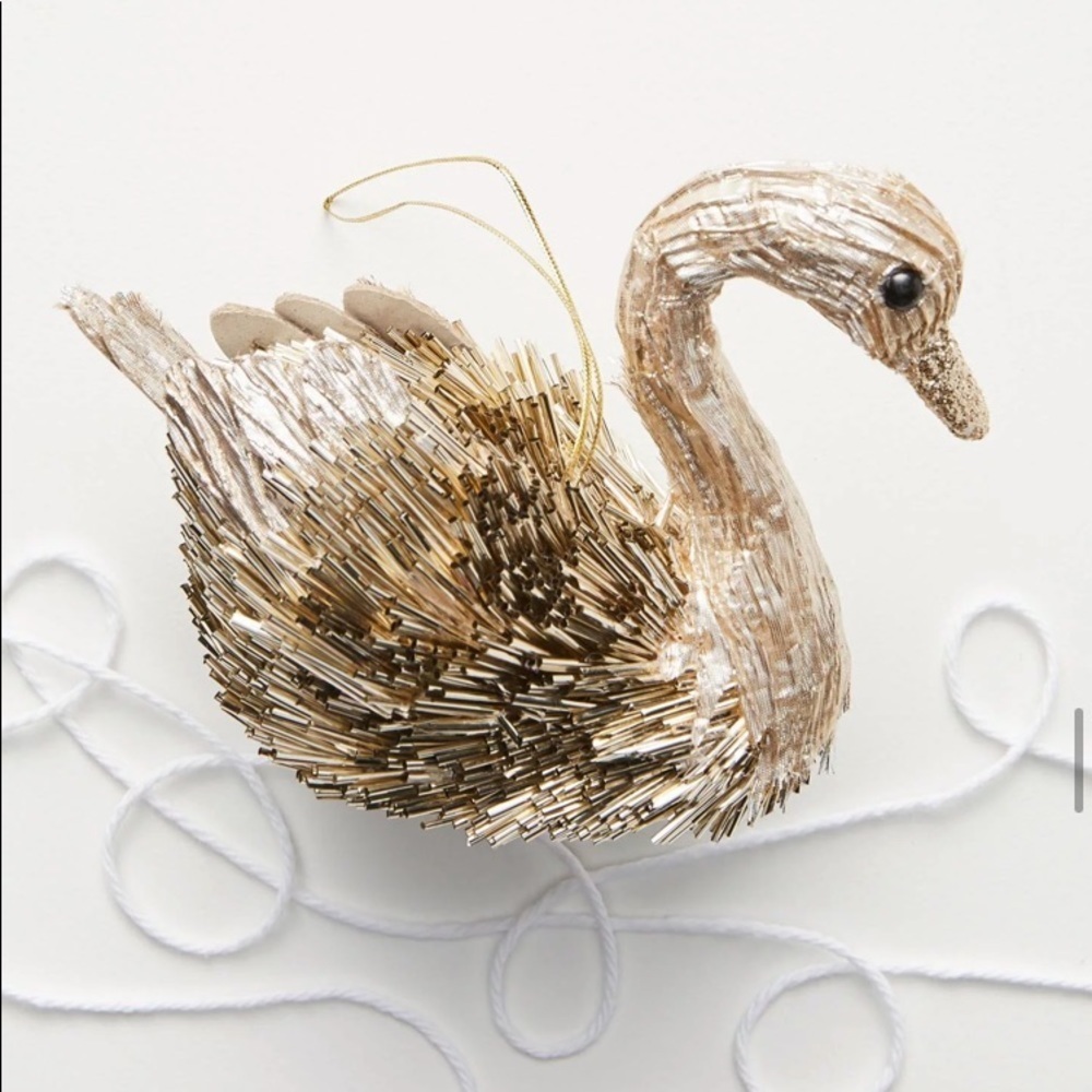 NWT Pair Anthropologie Gold Metallic Beaded Swan Ornaments
